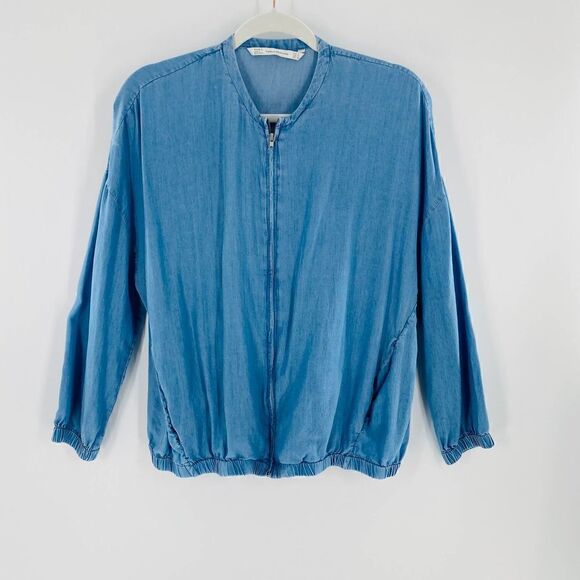 Zara Trafaluc Denim-Wear Chambray Zip Bomber Jacket Size Small - Picture 9 of 13